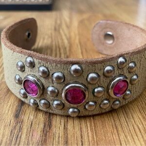 Studded Leather Bracelet with Pink Accents